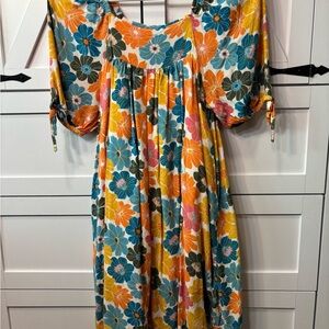 Girls Floral Puff Sleeve Midi Dress in Teal, Mustard & Orange